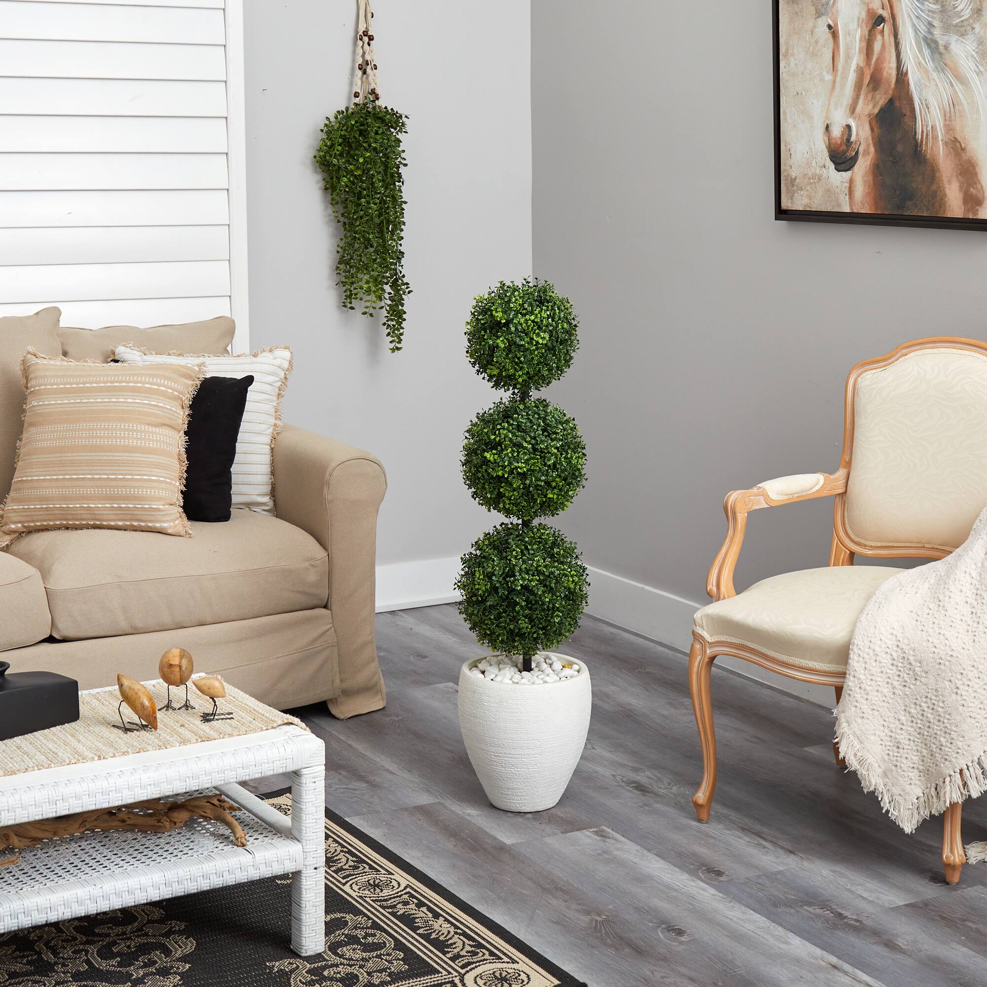 3.5ft. Boxwood Triple Ball Topiary Artificial Tree in White Planter